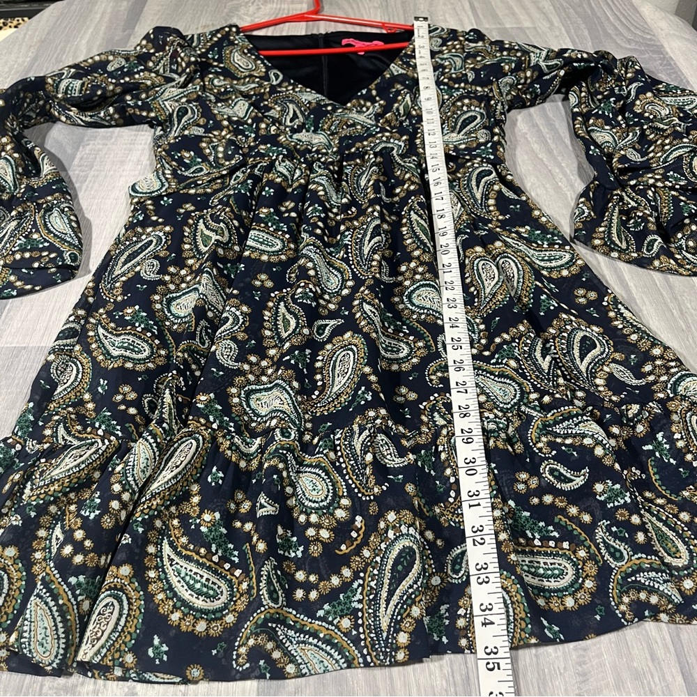 Betsey Johnson Navy Blue and Green Bohemian with Bell Sleeve Dress; Large (8) - Picture 5 of 10